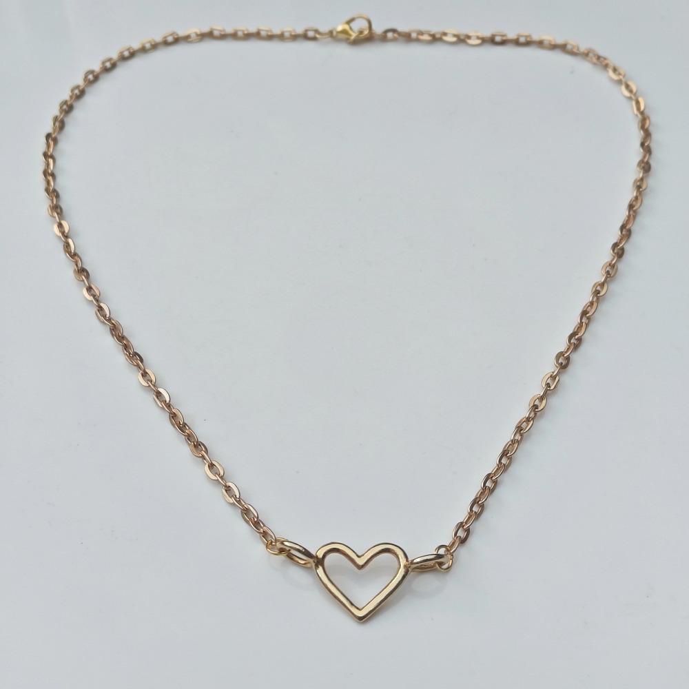 Gold Tone Dainty Open Wire Heart Pendant Cable Chain Necklace 18 Inch Minimalist